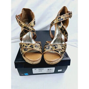 INC Size 9M Women Leopard Sequin "Dianara" Cork Wedge Cross Strap Peep Toe Heels